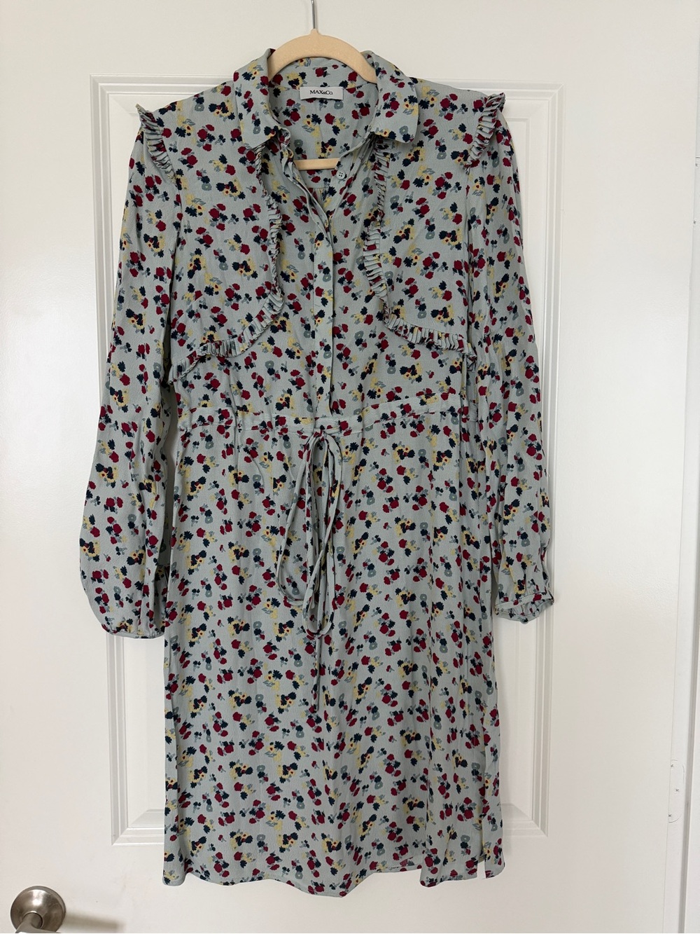 Max & Co. Pale Blue Floral Ruffle Tie-Waist Dress with Red and Yellow Accents